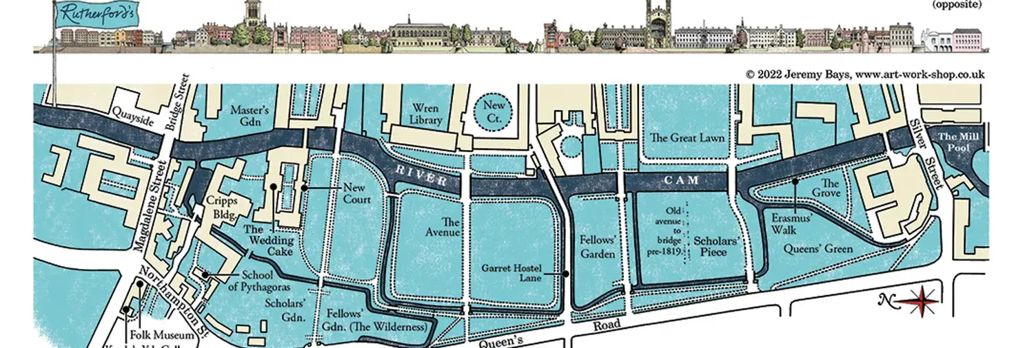 A map of a section of the River Cam and surrounding roads and buildings. The Rutherfords Punting mooring is marked with a flag.