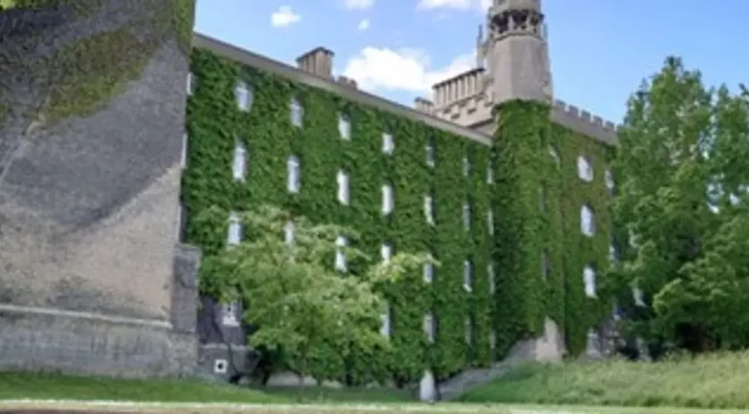 An old stone building, walls overgrown with ivy.