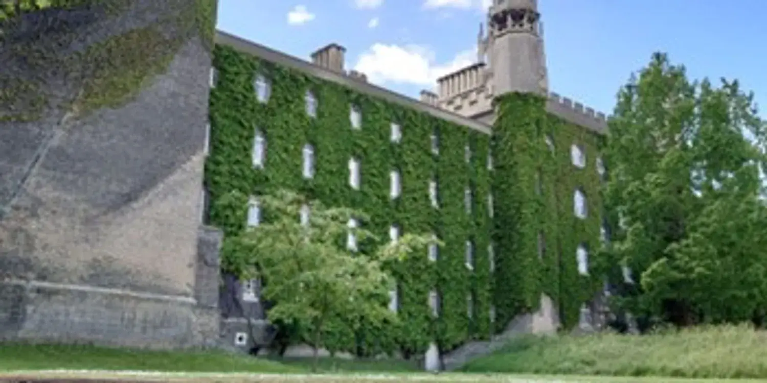 An old stone building, walls overgrown with ivy.