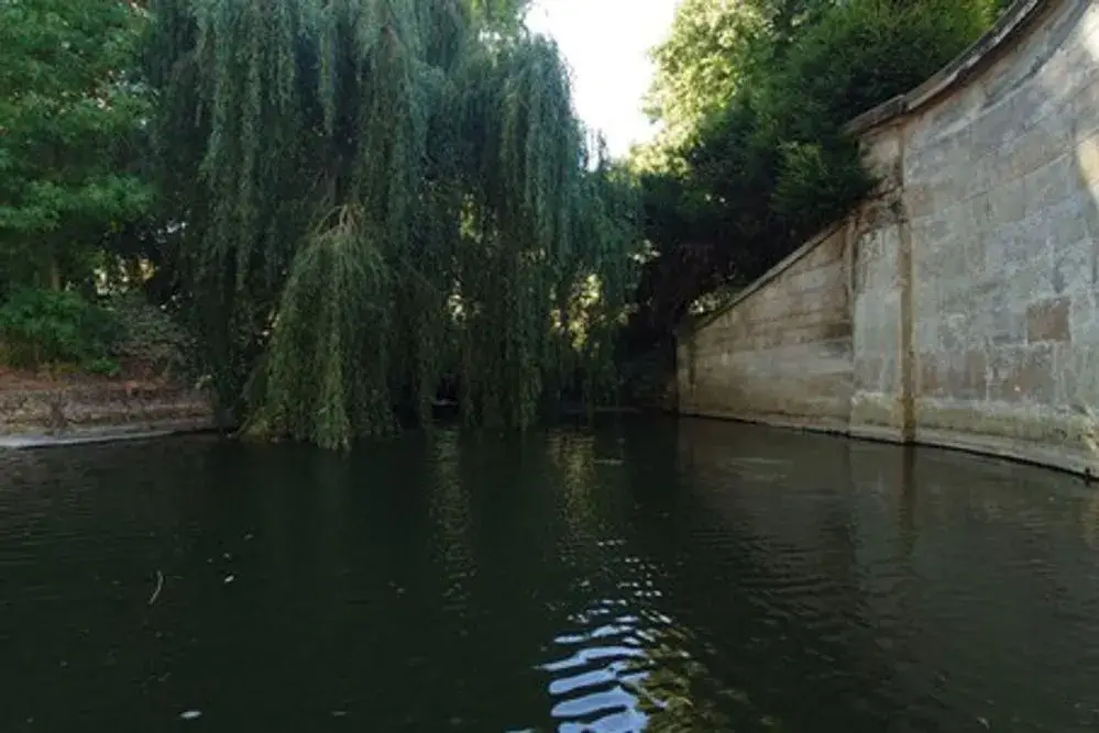 A sheltered section of the river, surrounded by stone walls and overhanging willow trees.