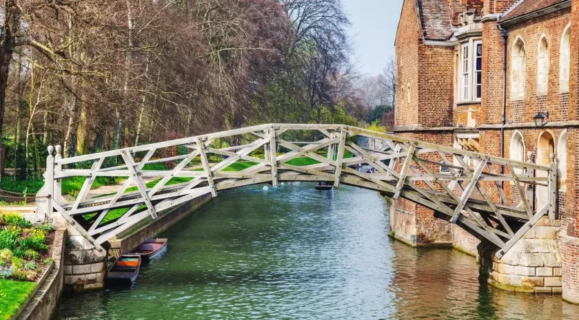 The Mathematical Bridge, a peculiar arched bridge composed of a clever arrangement of straight wooden beams that together form an arch shape.