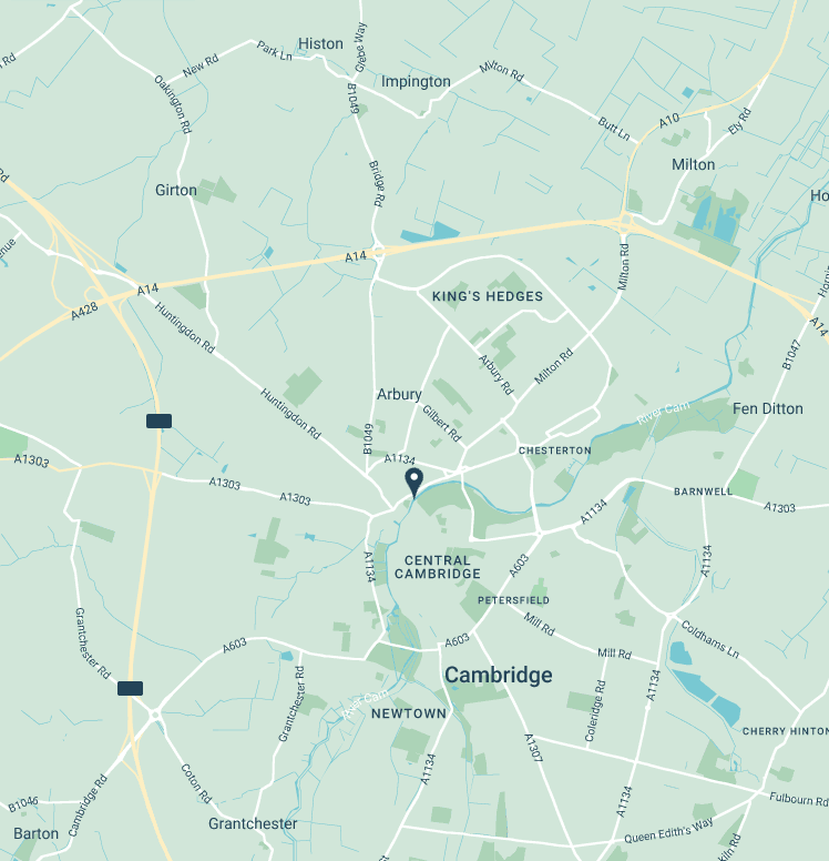 Map of central Cambridge with Rutherford's marked by a blue pin 