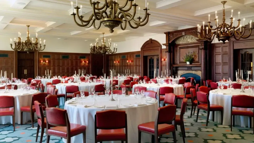 An empty English brasserie restaurant set up for a fine dining